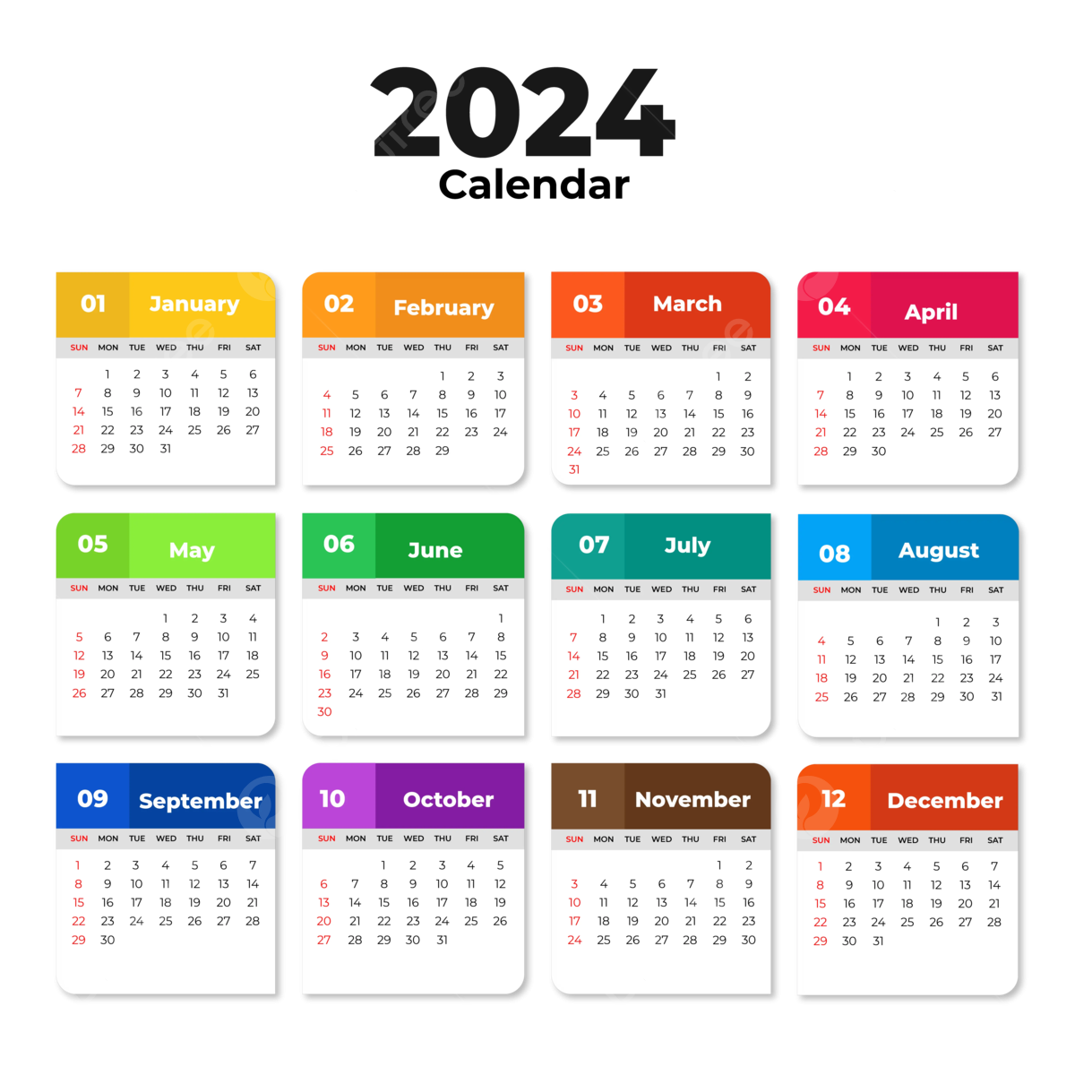 2024 Calendar Template Design With Solid Colors Vector, 2024 in Free Printable Calendar 2024 Design