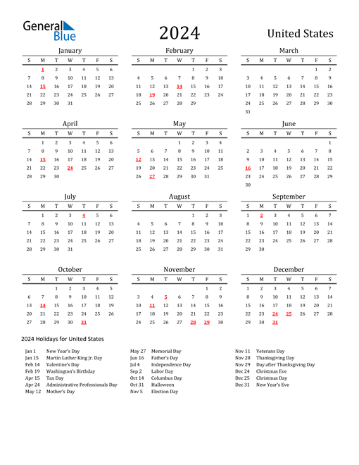 2024 Calendar Template With Holidays Usa Pdf Rafa Ursola - Free Printable 2024 Calendar Usa