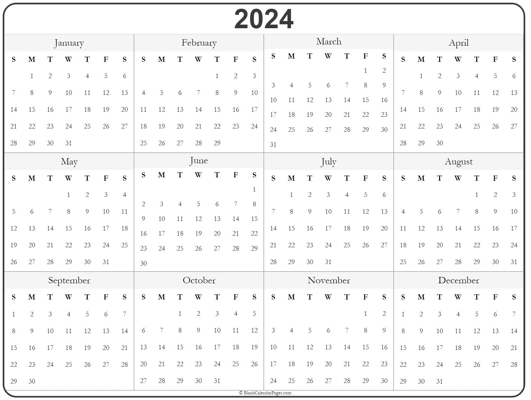 2024 Calendar Templates And Images 2024 Yearly Calendar In Excel Pdf - Free Printable Annual Calendar 2024