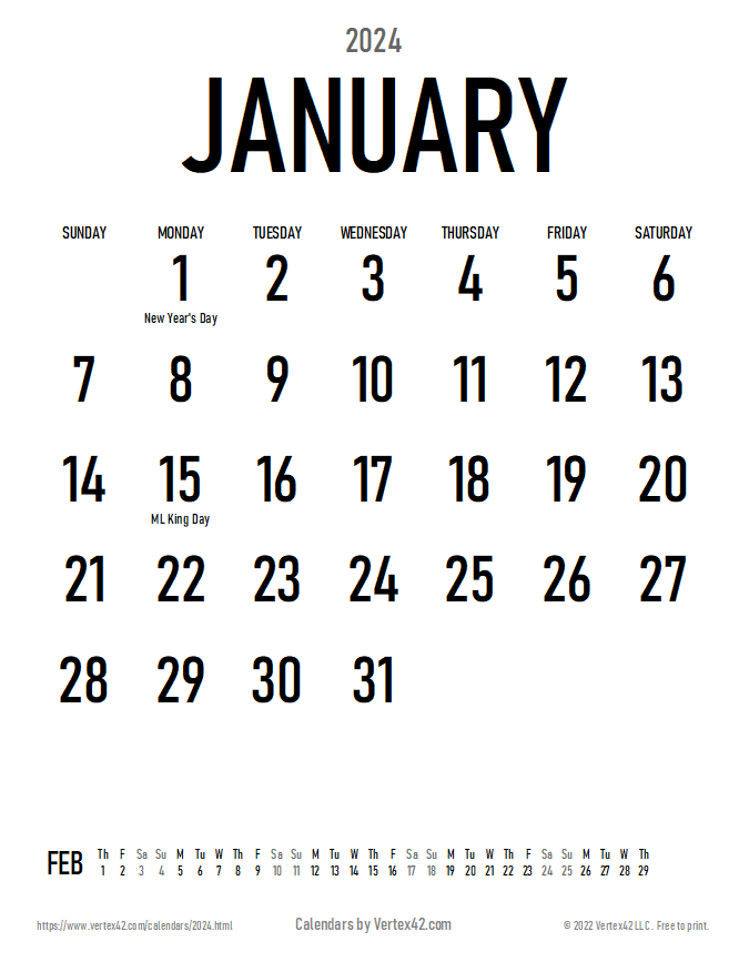 2024 Calendar Templates And Images - Free Printable 2024 Calendar Bold Big Number