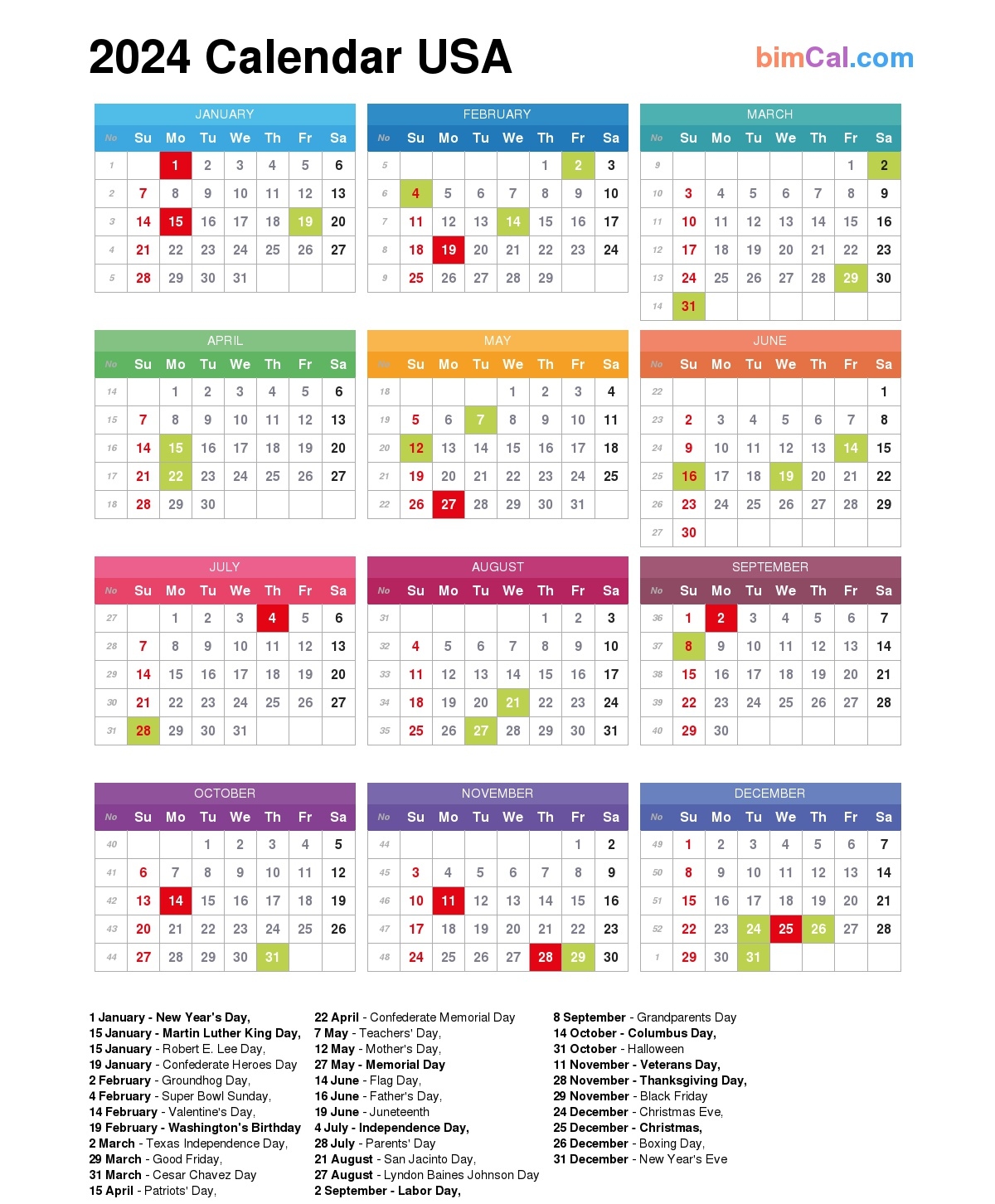 2024 Calendar USA BimCal - Free Printable 2024 Calendar With Sunday Holidays Usa
