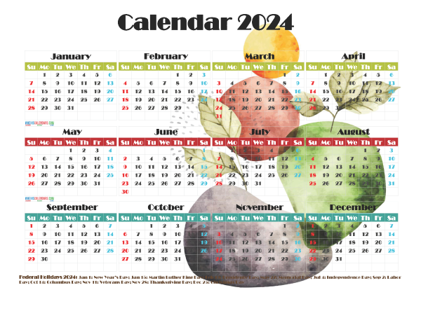 2024 Calendar With Holidays Free Printable 12 Templates Watercolor - Free Printable 2024 Calendar Watercolor