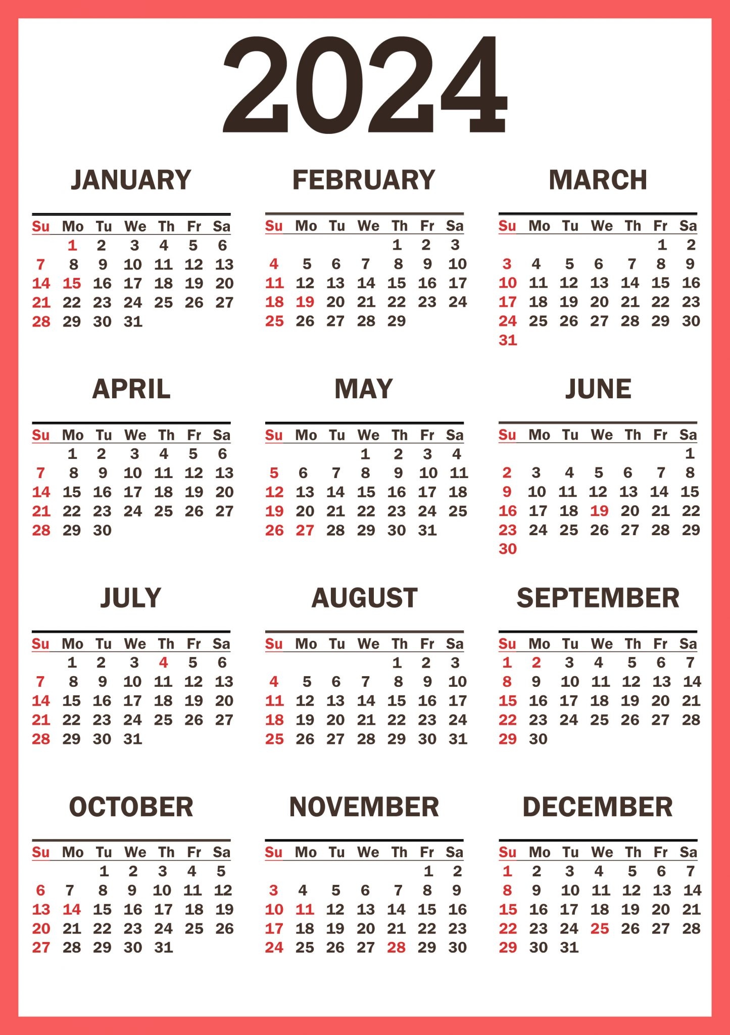 2024 Calendar With Holidays Printable And Free Download Pretty Designs - Free Printable 2024 Calendar With Holidays Kenya