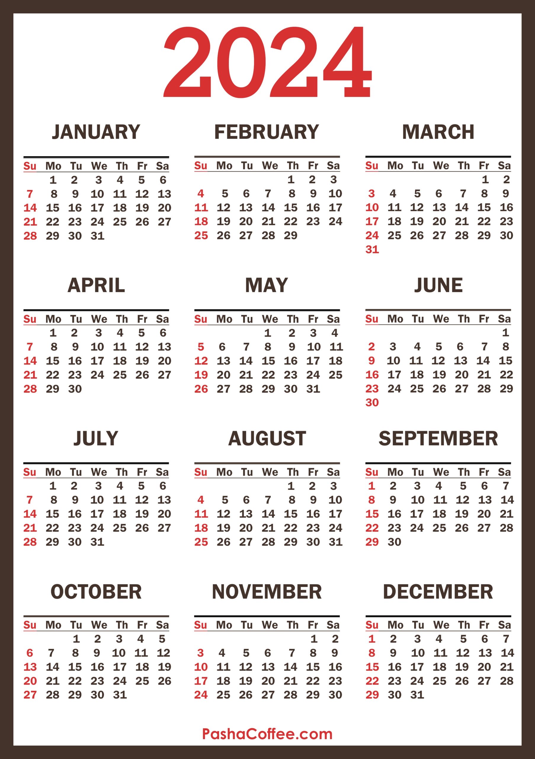 2024 Calendar With Holidays, Printable Free, Vertical, Brown with regard to Free Printable Calendar 2024 8 1 2 X 11
