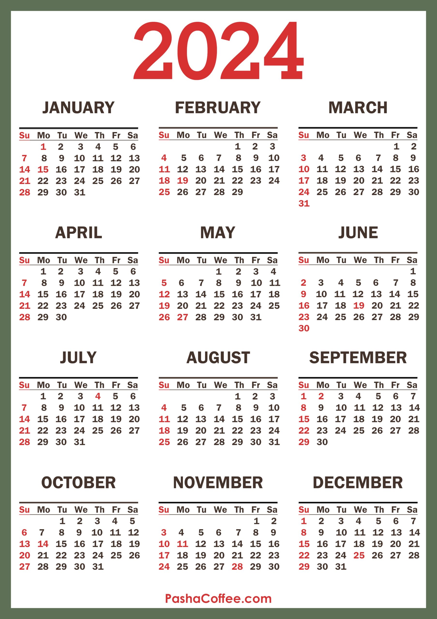 2024 Calendar With Holidays, Printable Free, Vertical, Green with regard to Free Printable Calendar 2024 With Holidays Usa