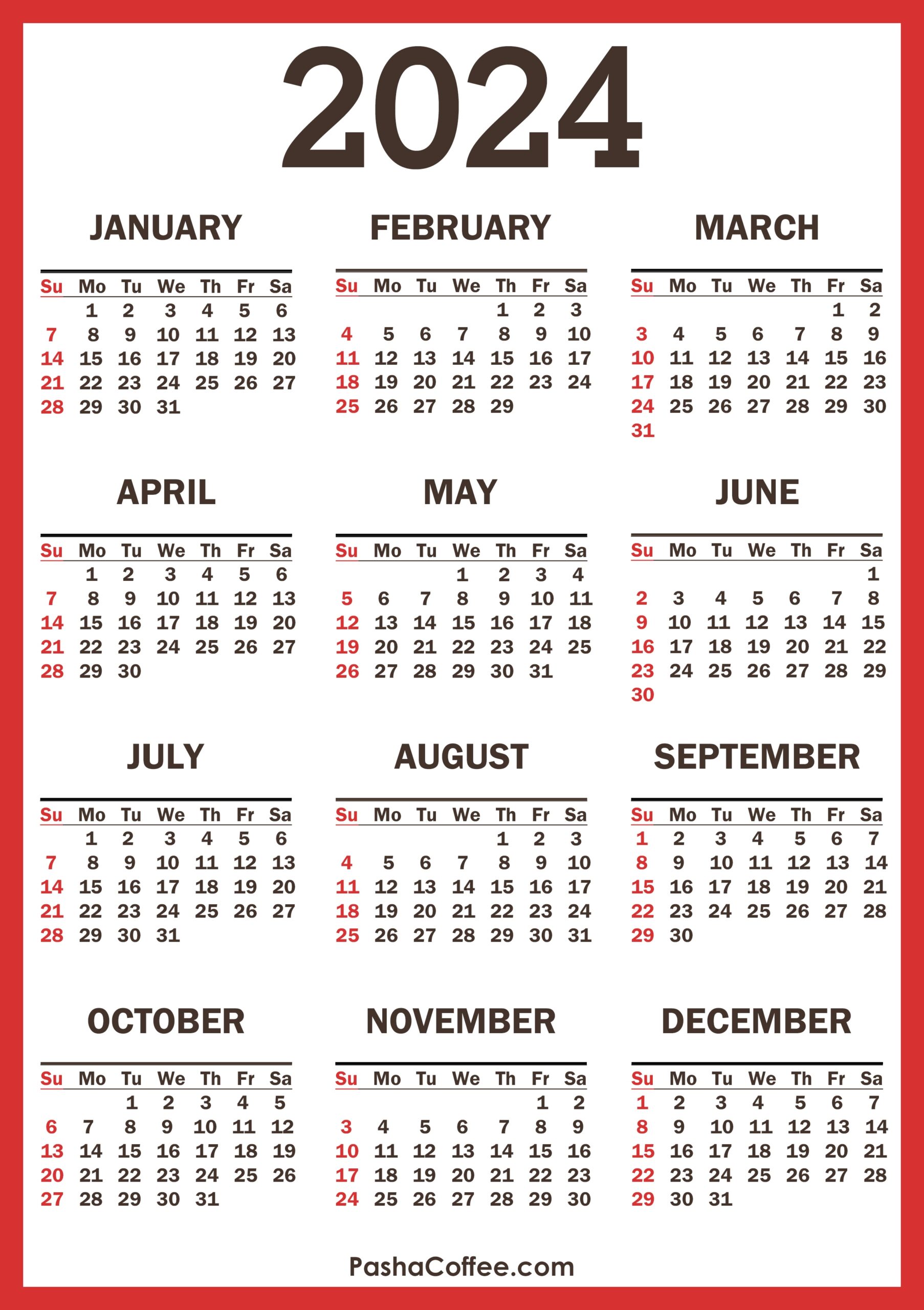2024 Calendar With Holidays, Printable Free, Vertical, Red in Free Printable Calendar 2024 No Downloads