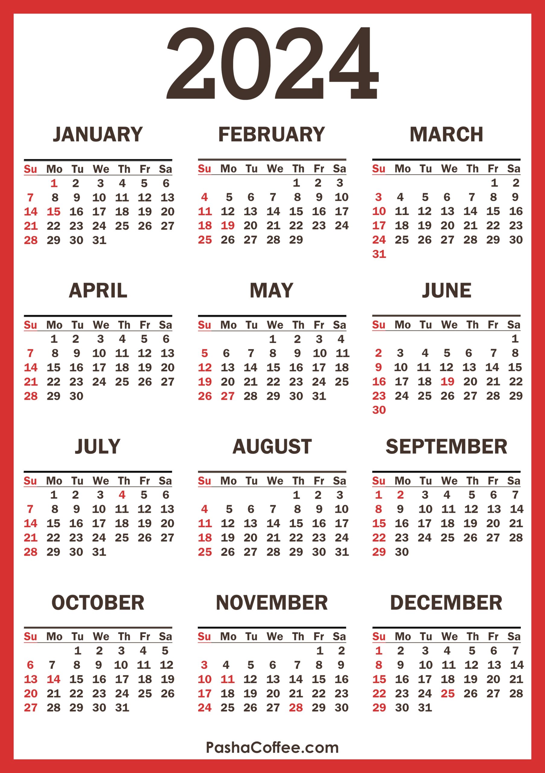 2024 Calendar With Holidays, Printable Free, Vertical, Red within Free Printable Calendar 2024 With Holidays Pdf