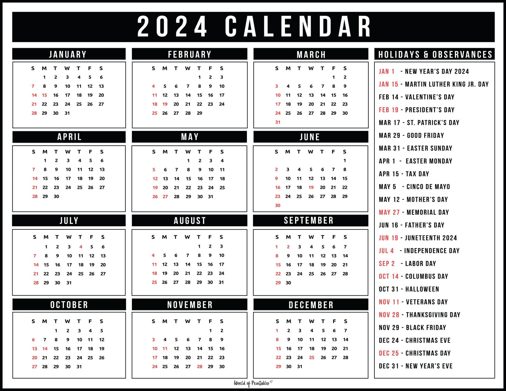 2024 Calendar With Holidays - World Of Printables in Free Printable Calendar 2024 Trinidad