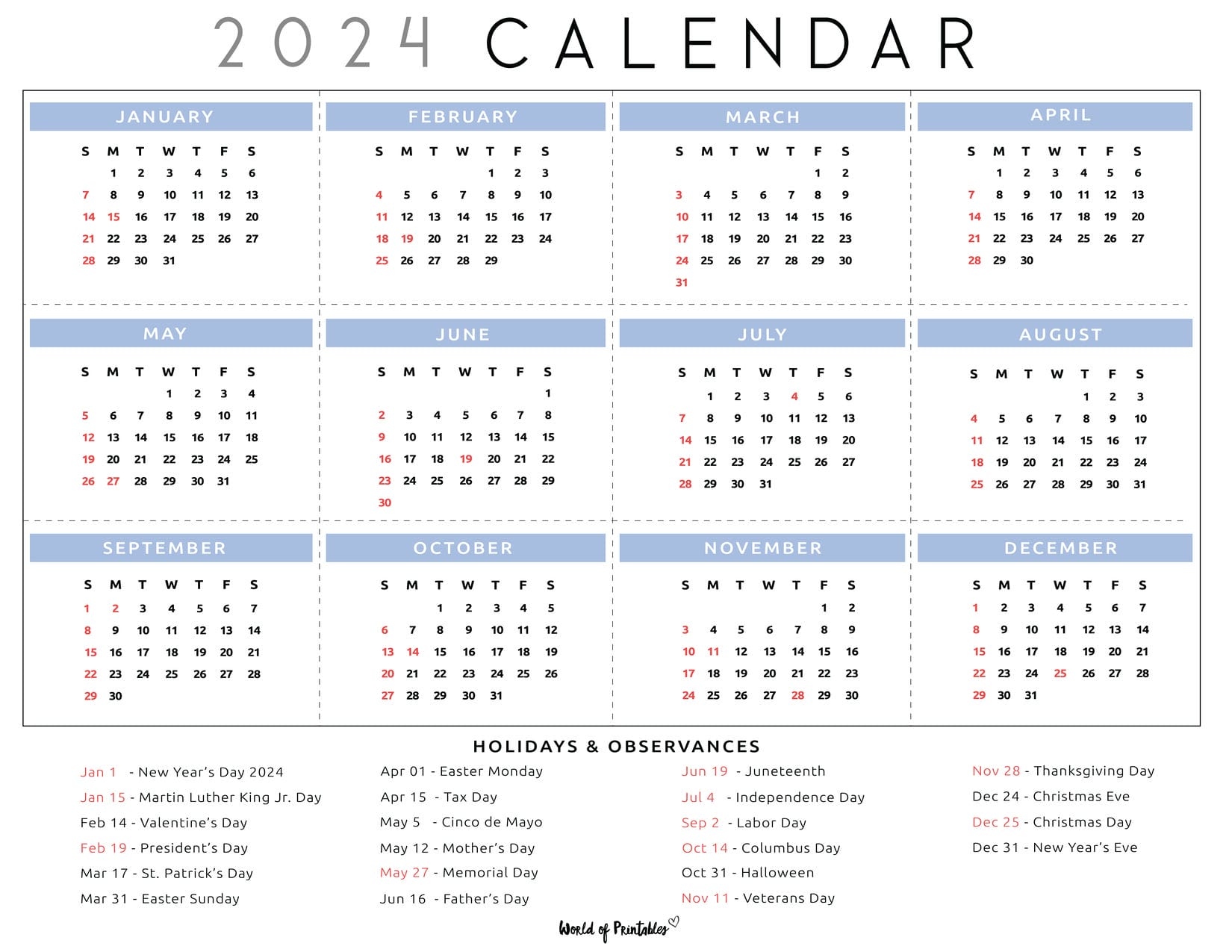 2024 Calendar With Holidays - World Of Printables pertaining to Free Printable Calendar 2024 Trinidad
