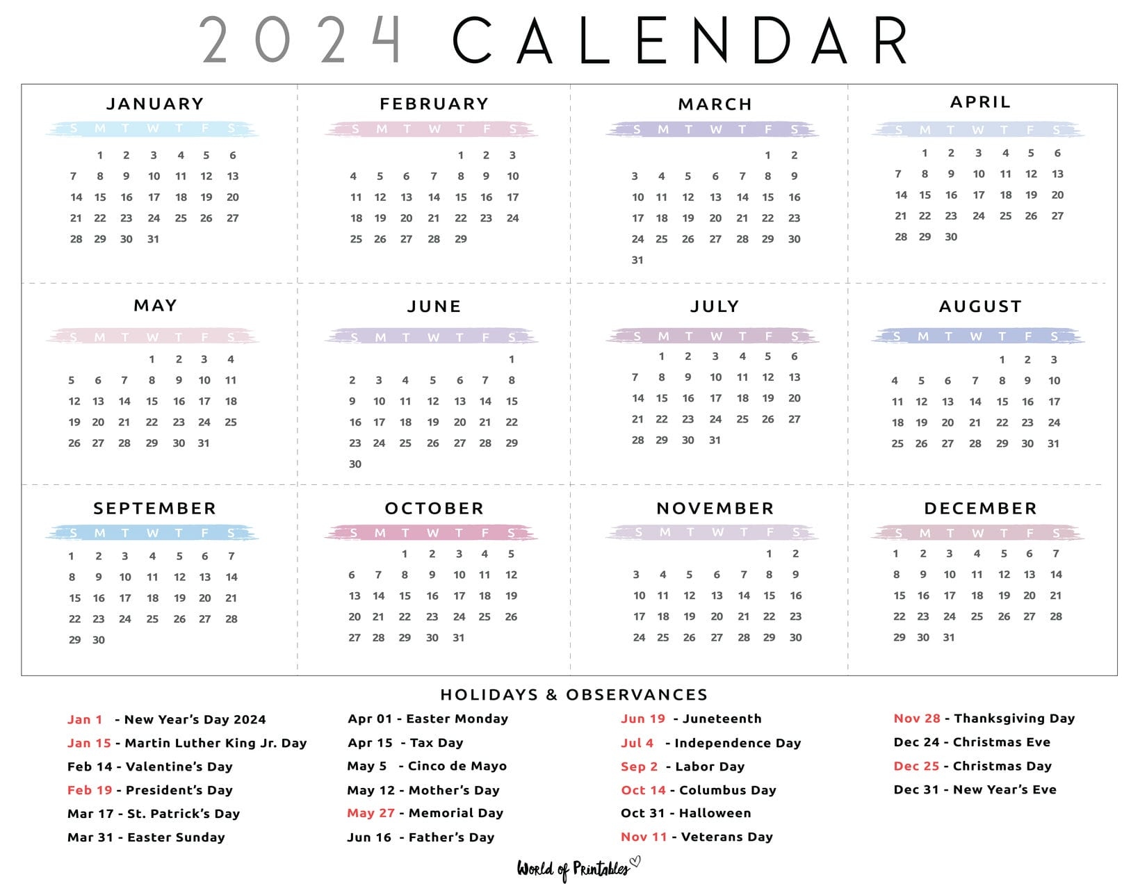 2024 Calendar With Holidays - World Of Printables throughout Free Printable Calendar 2024 Trinidad