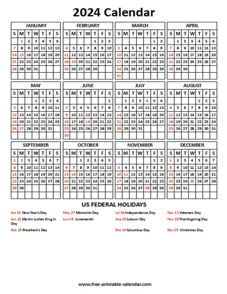 Free Printable Calendar 2024 With Holidays Usa Printable Calendar