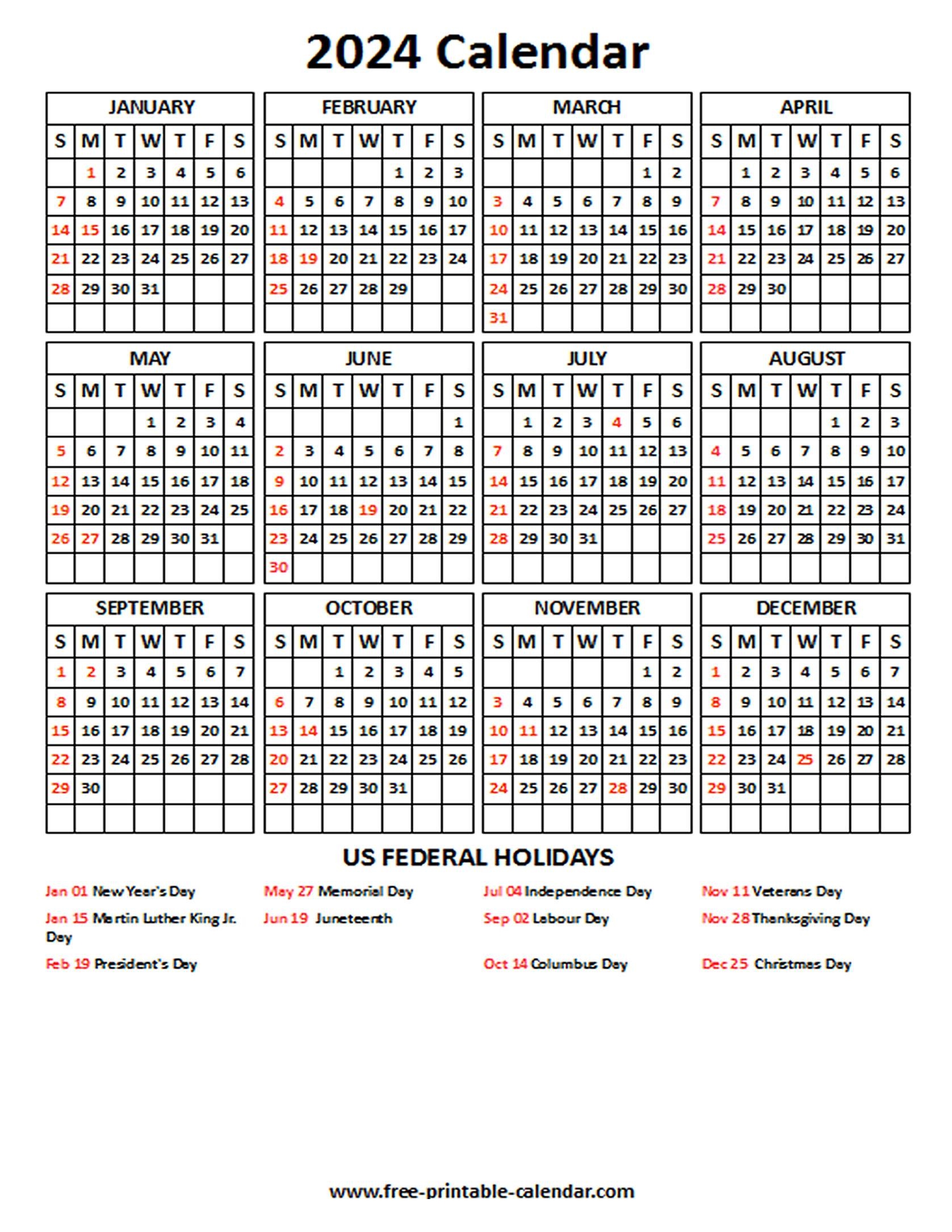 2024 Calendar With Us Holidays - Free-Printable-Calendar within Free Printable Calendar 2024 With Holidays Usa