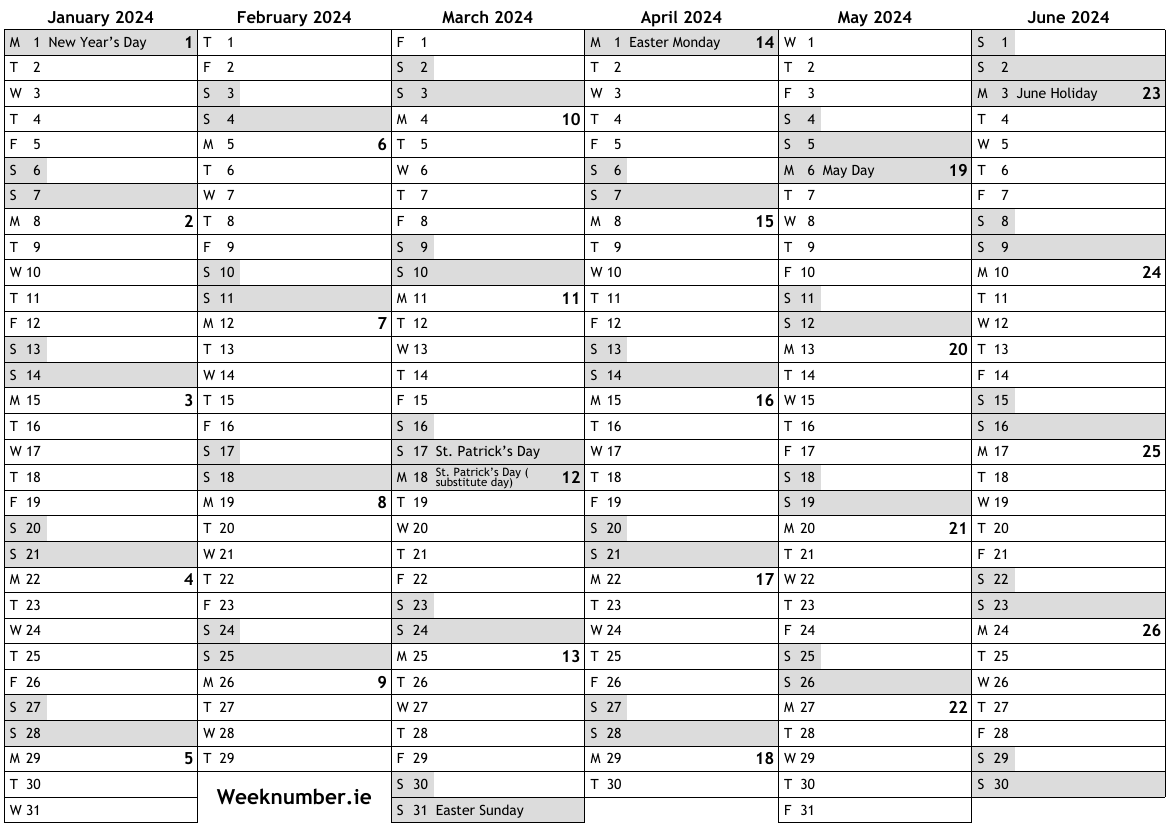 2024 Calendar With Week Numbers And Holidays For Ireland for Free Printable Calendar 2024 Ireland