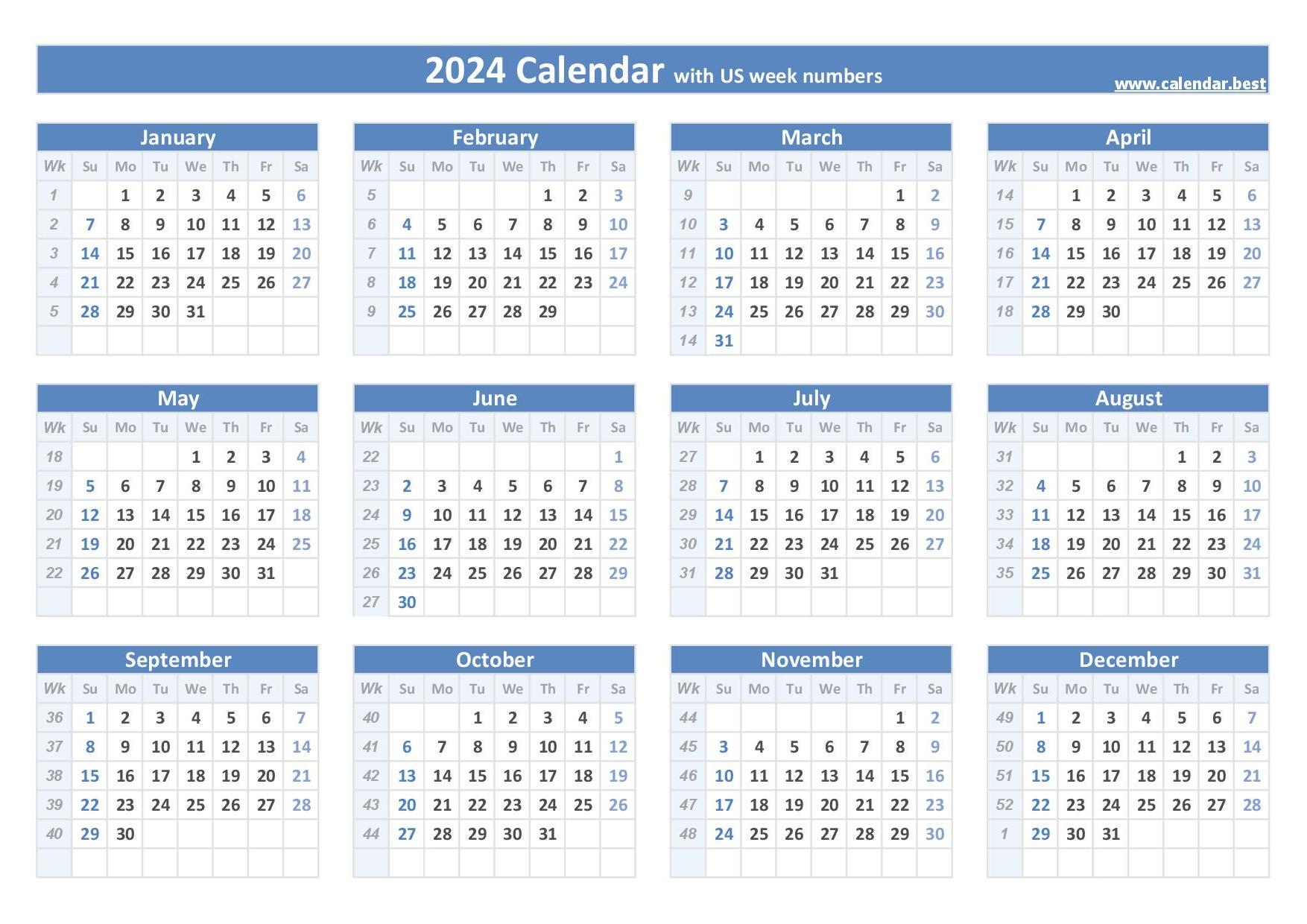 2024 Calendar With Week Numbers (Us And Iso Week Numbers) in Free Printable Calendar 2024 With Week Numbers
