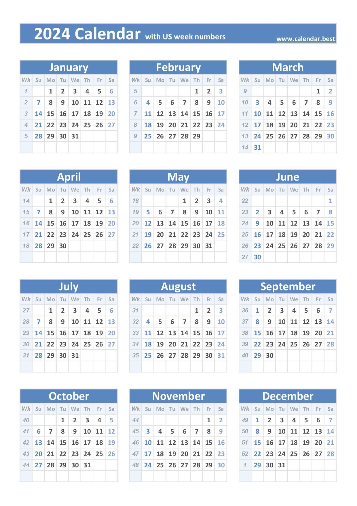 2024 Calendar With Week Numbers (Us And Iso Week Numbers) throughout Free Printable Calendar 2024 2 Week