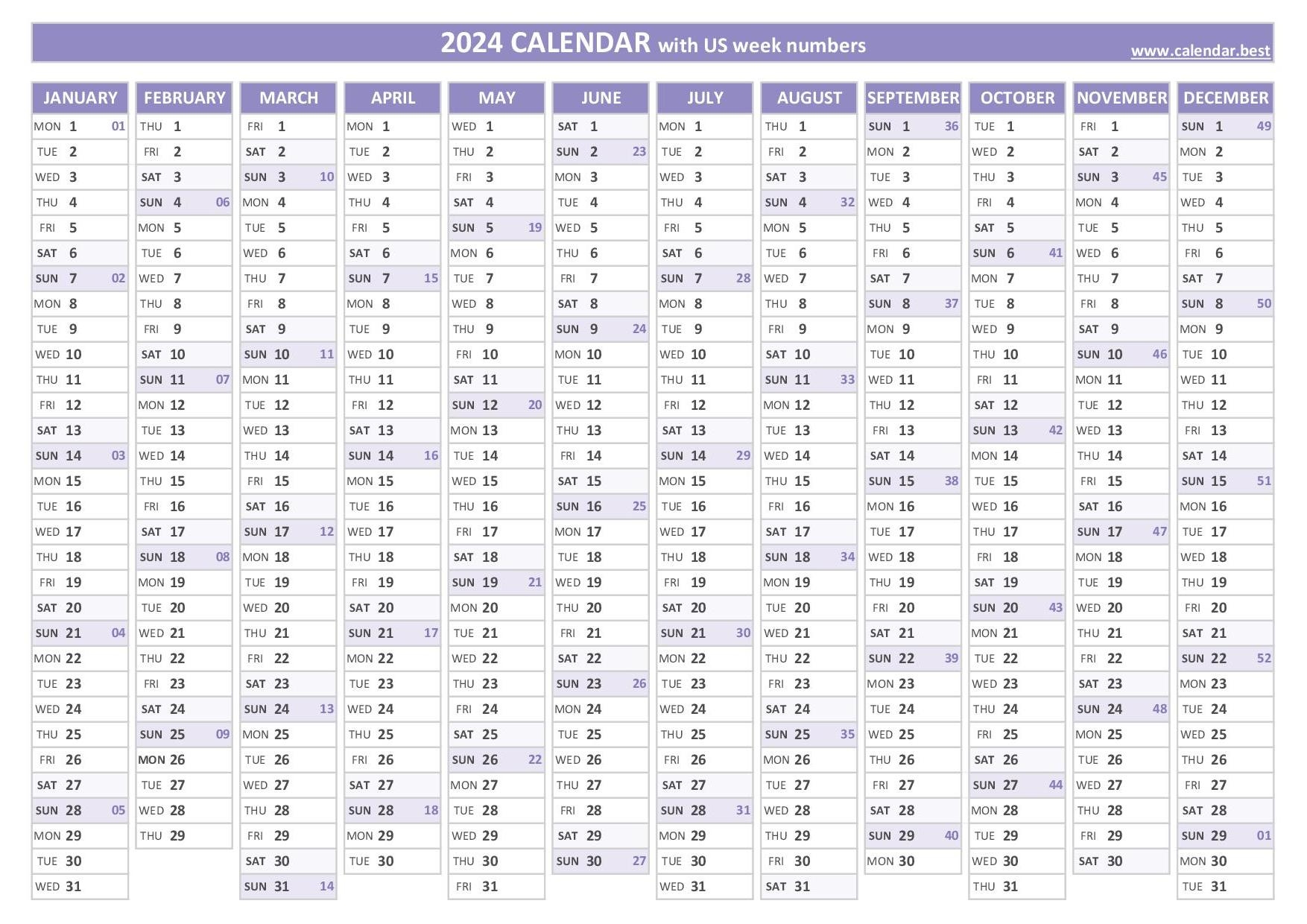 2024 Calendar With Week Numbers (Us And Iso Week Numbers) with Free Printable Calendar 2024 With Week Numbers