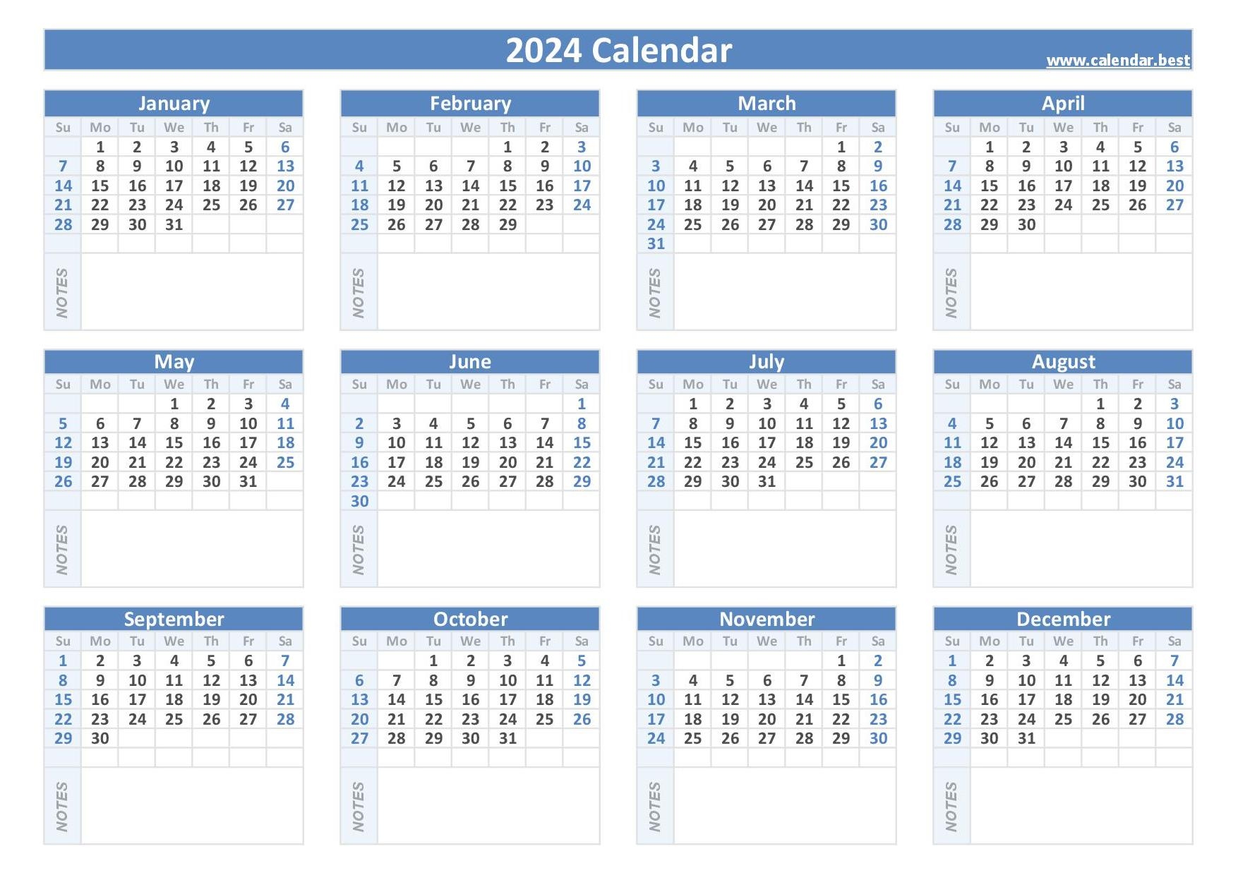 2024 Calendar With Week Numbers with Free Printable Calendar 2024 With Space For Notes