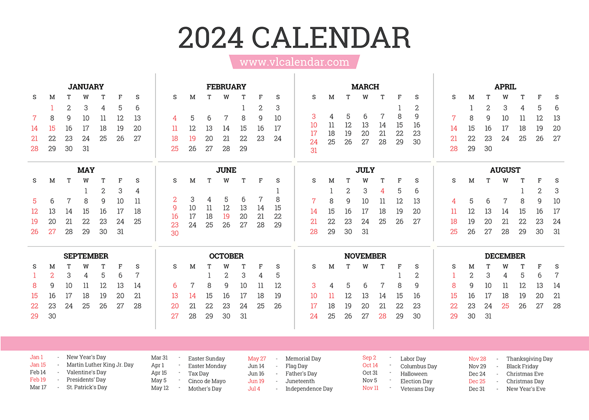 2024 Calendar: Yearly Printable Calendar With Holidays in Free Printable Calendar 2024 Full Year