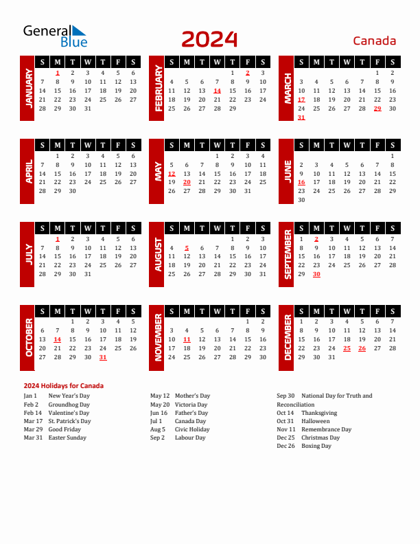 2024 Canada Calendar With Holidays - Free Printable 2024 Canada Calendar With Holidays