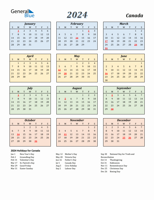 2024 Canada Calendar With Holidays | Free Printable 2024 Monthly Calendar Canada