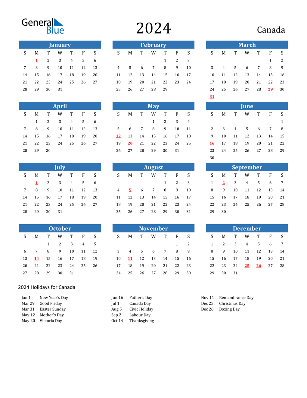 2024 Canada Calendar With Holidays | Free Printable 2024 Monthly Calendar With Canadian Holidays
