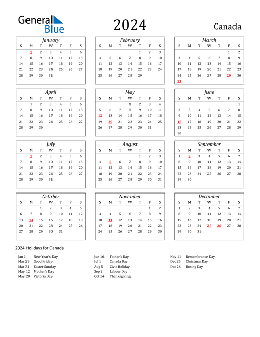 2024 Canada Calendar With Holidays | Free Printable 2024 Yearly Calendar With Canadian Holidays