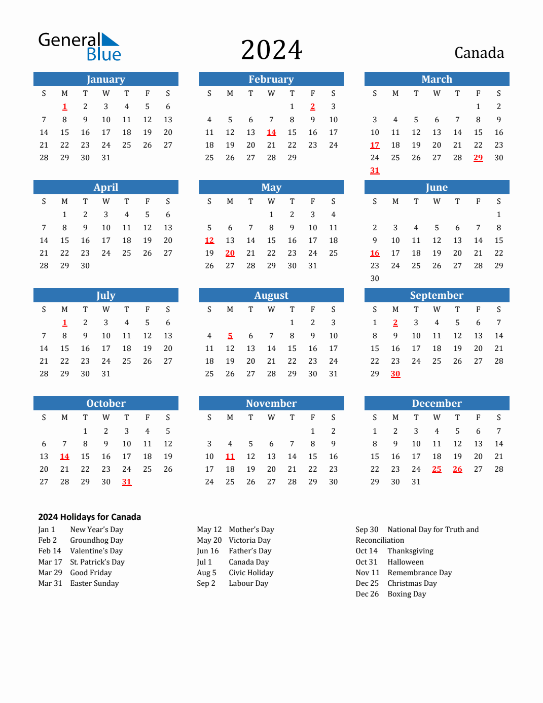 2024 Canada Calendar With Holidays with Free Printable Calendar 2024 With Holidays Canada
