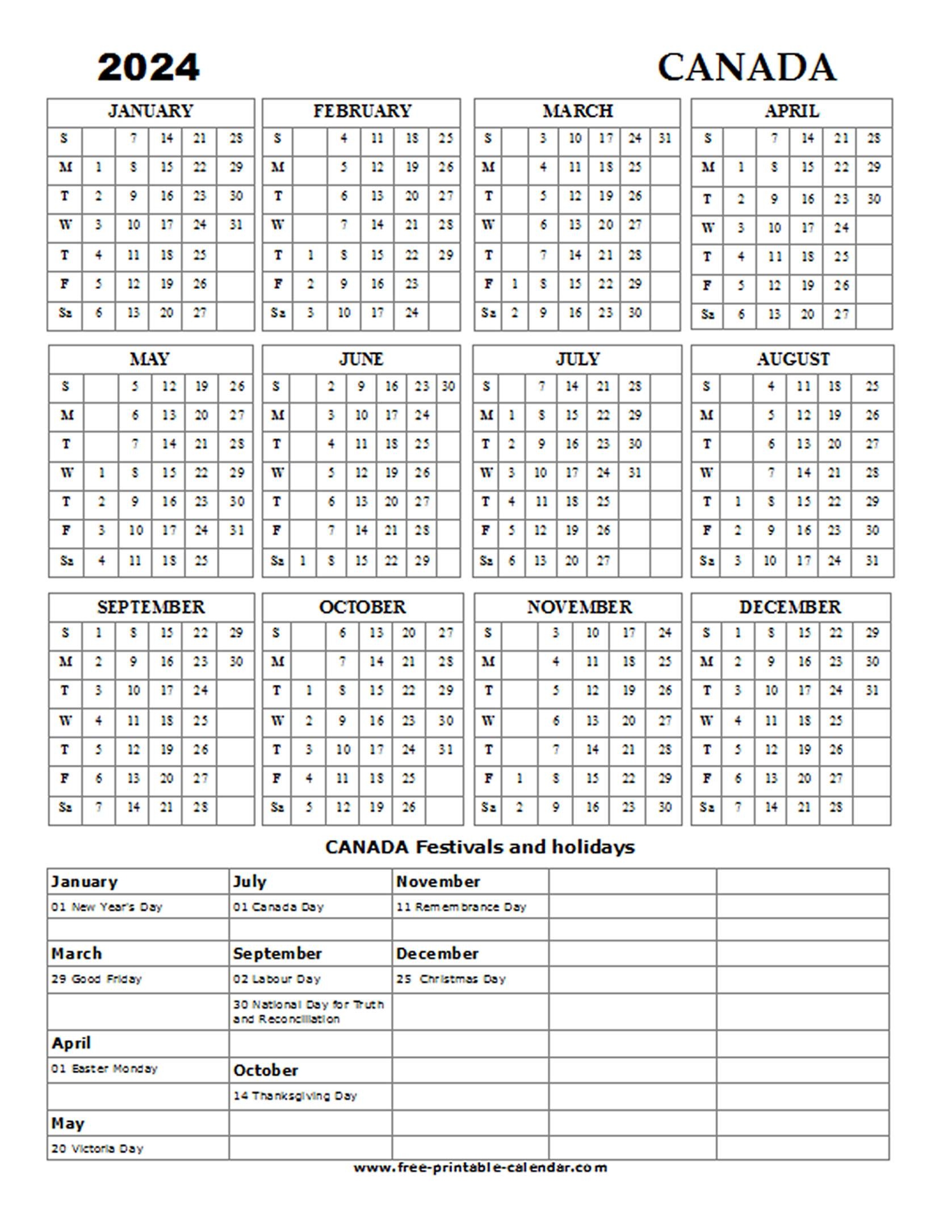 2024 Canada Holiday Calendar - Free-Printable-Calendar for Free Printable Calendar 2024 Canada Monthly
