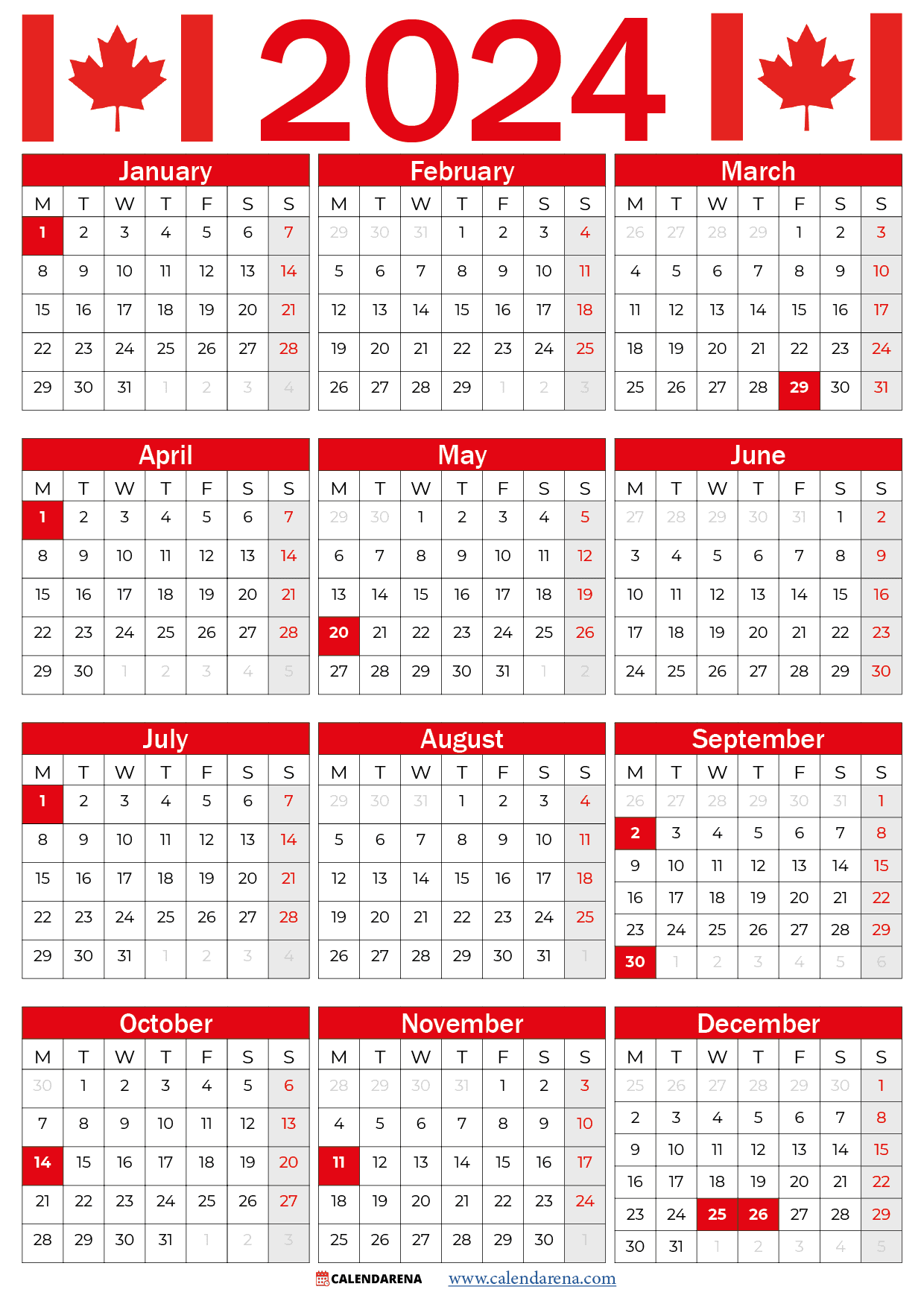 Free Printable 2024 Yearly Calendar With Canadian Holidays Printable