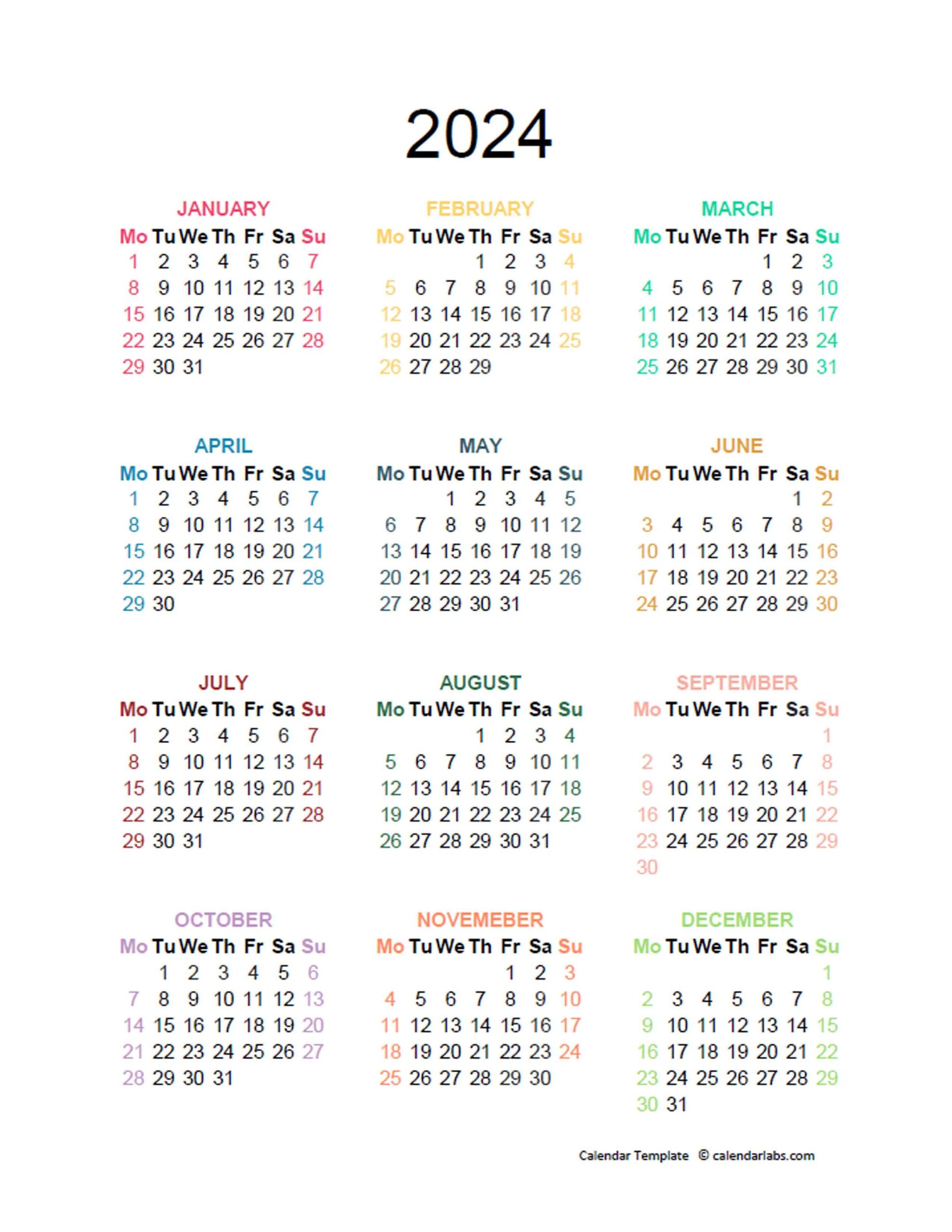 2024 Colorful Yearly Excel Calendar Free Printable Templates - Free Printable 2024 Monthly Calendar Colorful