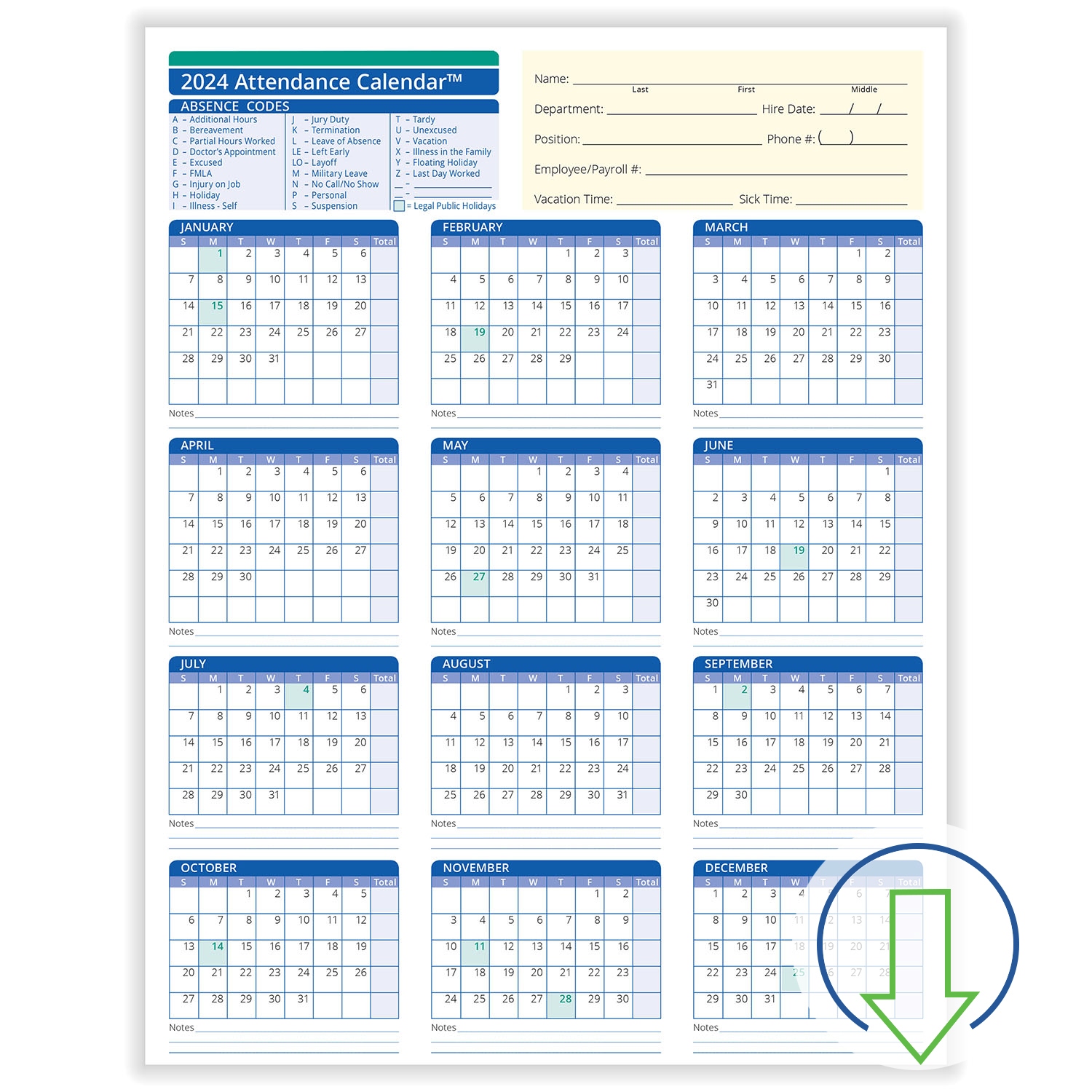 2024 Downloadable Employee Attendance Calendar HRdirect | Free Printable 2024 Employee Attendance Calendar Pdf Free Download