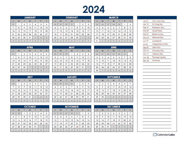 2024 Excel Yearly Calendar Free Printable Templates | Free Printable 2024 Calendar With Holidays Excel
