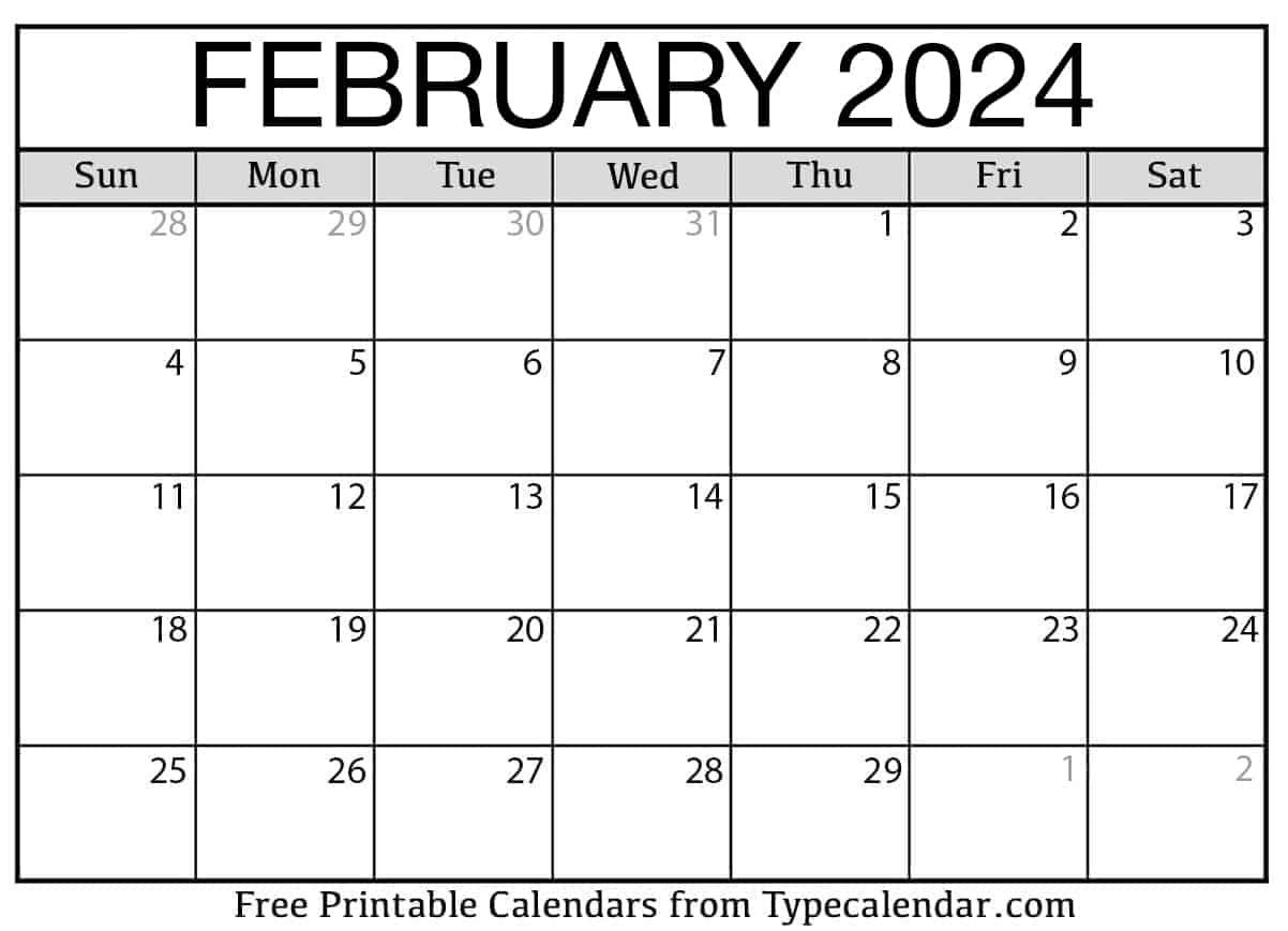 2024 February Calendar Free Printable Chart Calculator Tamra Florance - Free Printable 2024 Monthly Calendar February