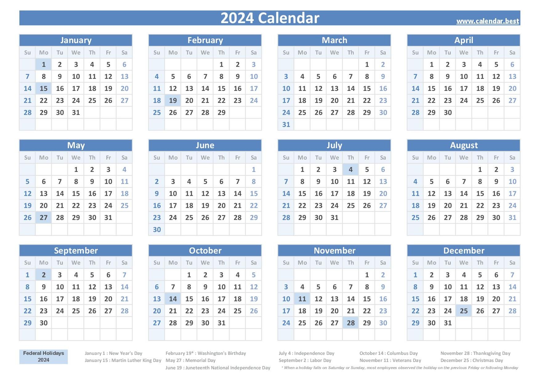 2024 Federal Holidays List And 2024 Calendar With Holidays To Print | Free Printable 2024 Calendar With Federal Holidays