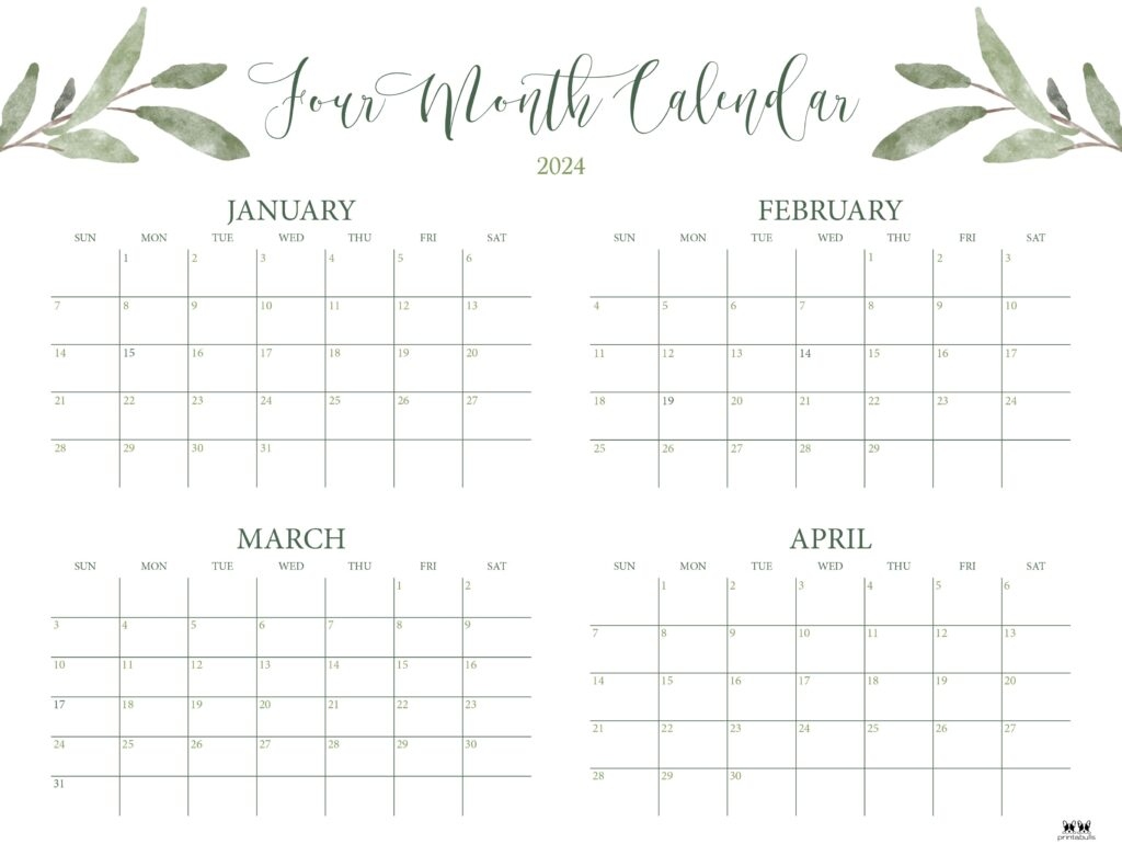 2024 Four Month Calendars - 18 Free Printables | Printabulls regarding Free Printable Calendar 2024 4 Months Per Page Pdf