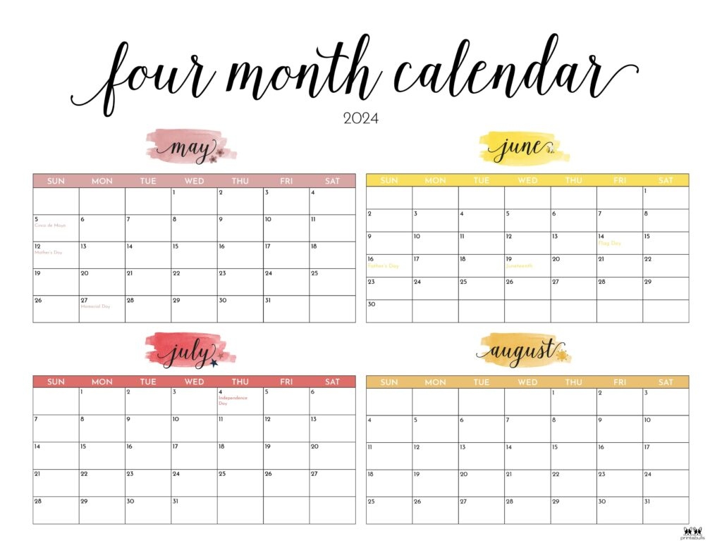 2024 Four Month Calendars - 18 Free Printables | Printabulls throughout Free Printable Calendar 2024 4 Month Per Page