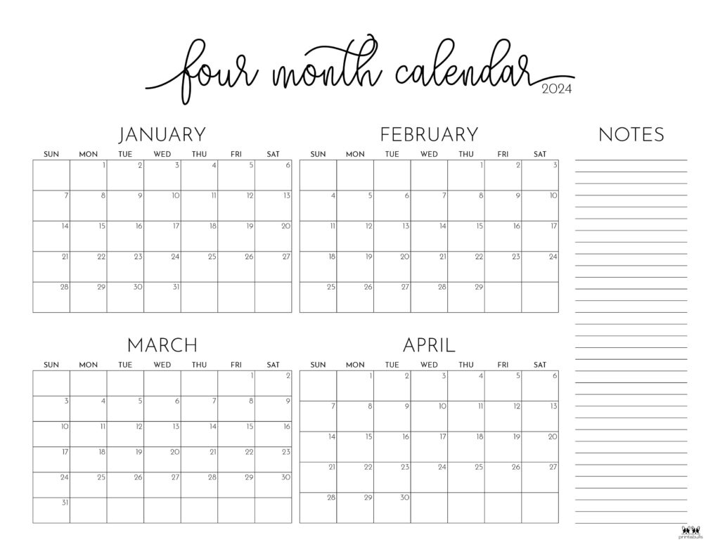 2024 Four Month Calendars - 18 Free Printables | Printabulls throughout Free Printable Calendar 2024 April Thru December