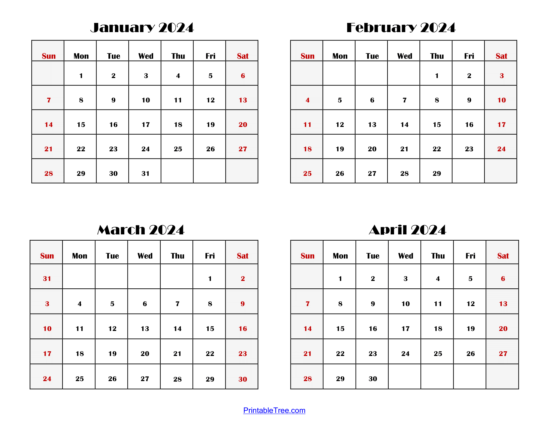 2024 Four Month Calendars Printable Pdf- 4 Months Calendar One Page inside Free Printable Calendar 2024 4 Months Per Page Pdf