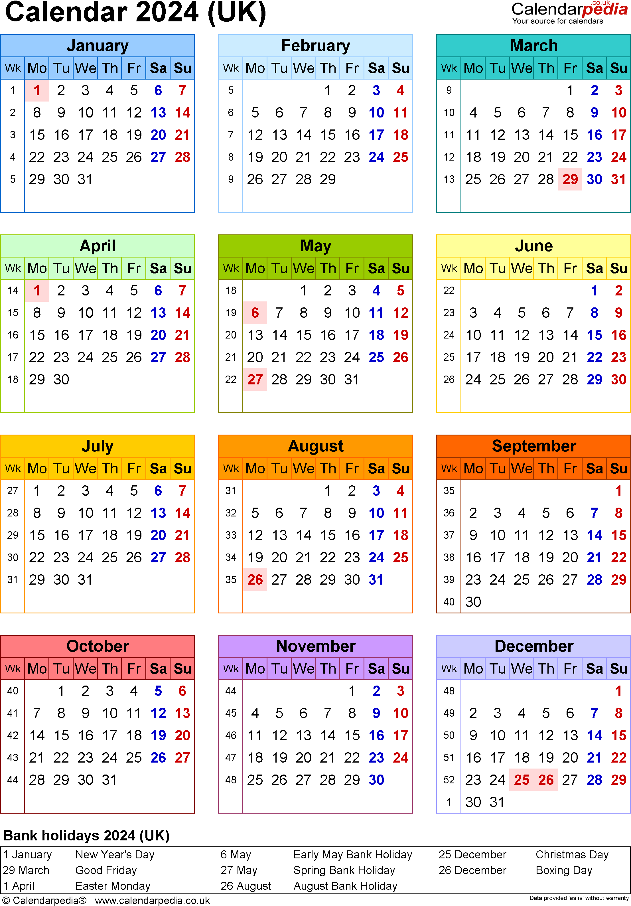 2024 Free Printable Calendar - Free Printable 2024 Calendar With Bank Holidays UK
