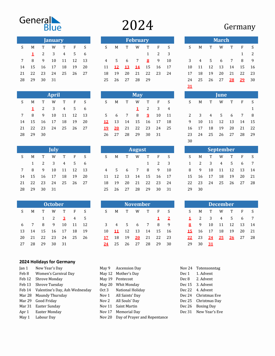 2024 Germany Calendar With Holidays intended for Free Printable Calendar 2024 Date And Time