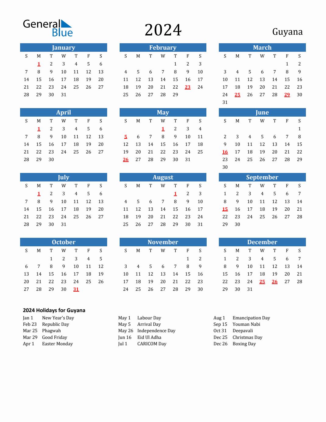 2024 Guyana Calendar With Holidays with regard to Free Printable Calendar 2024 Trinidad