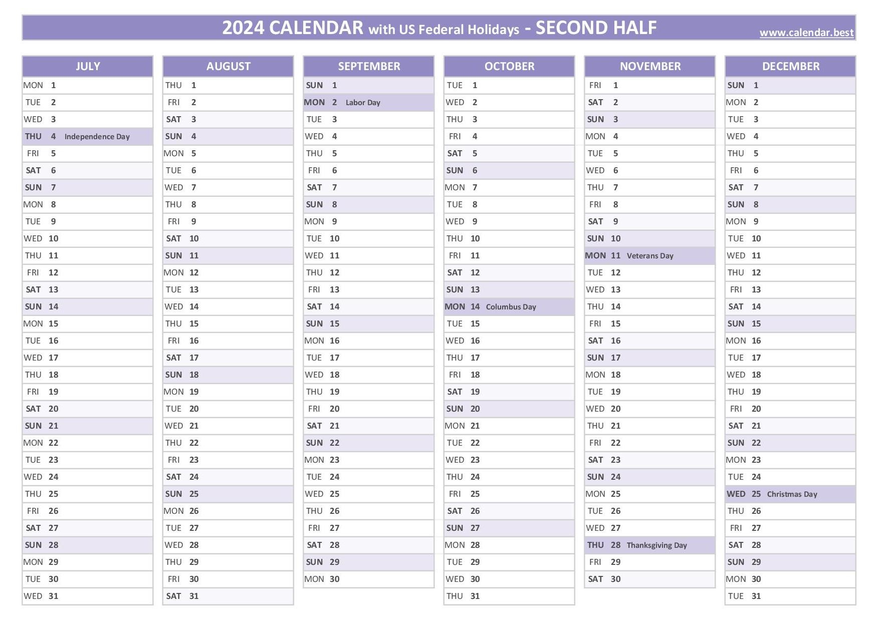 2024 Half Year Calendar To Print regarding Free Printable Calendar 2024 With Holidays 2 Column