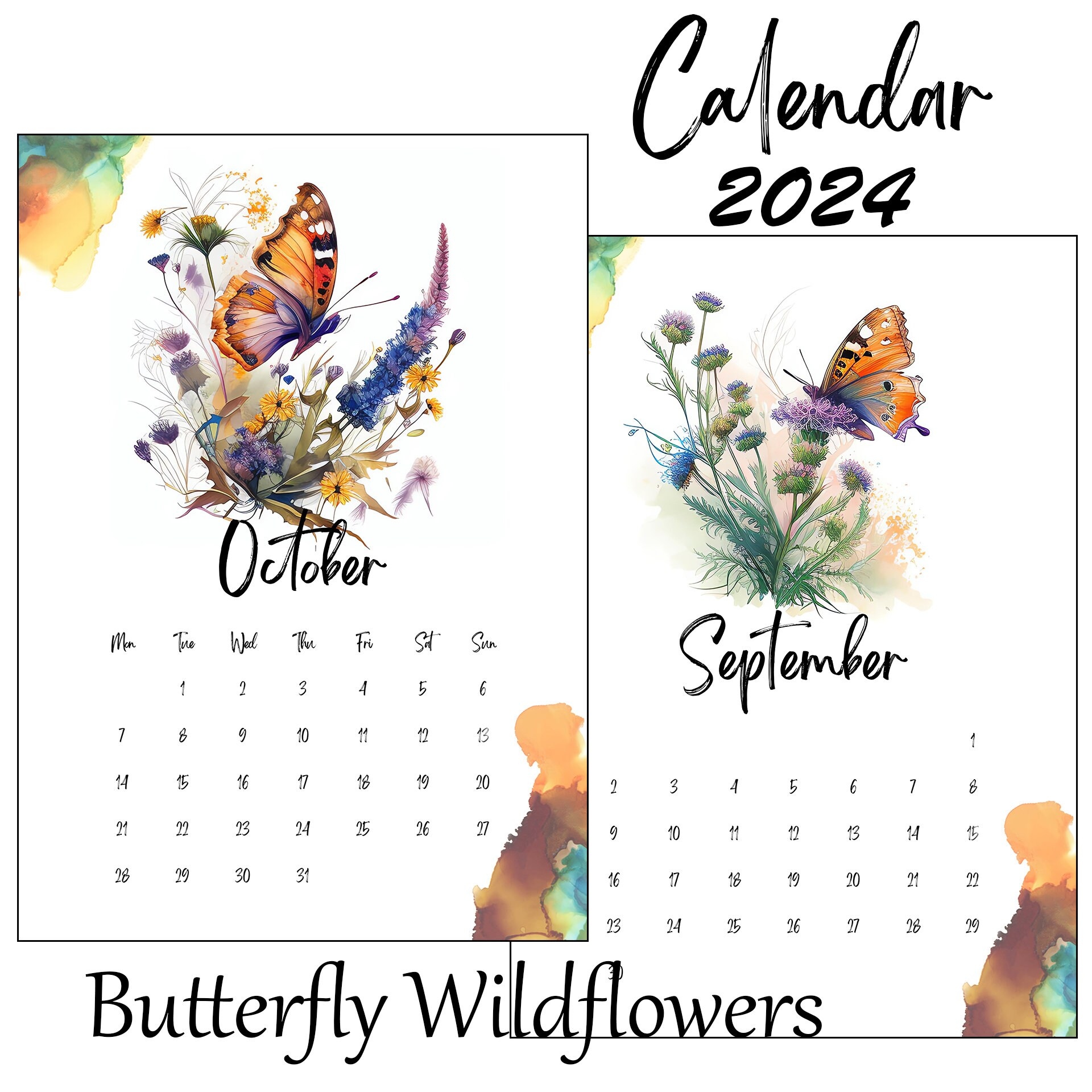 2024 Illustrated Watercolor Butterfly Wildflowers Calendar pertaining to Free Printable Butterfly Calendar 2024
