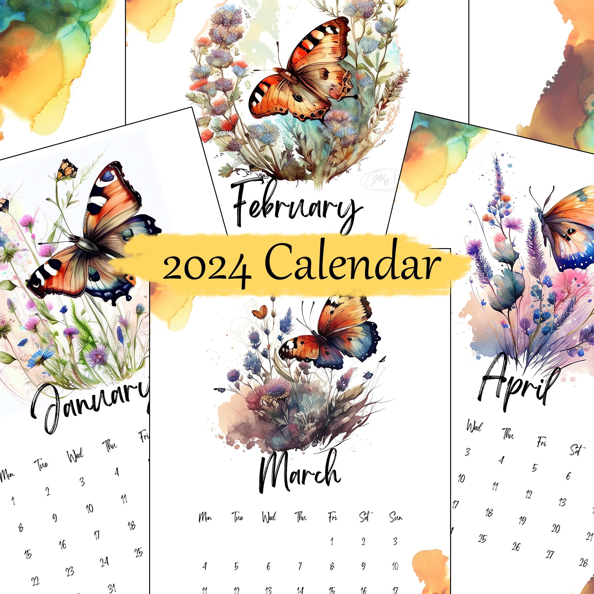 2024 Illustrated Watercolor Butterfly Wildflowers Calendar with Free Printable Butterfly Calendar 2024