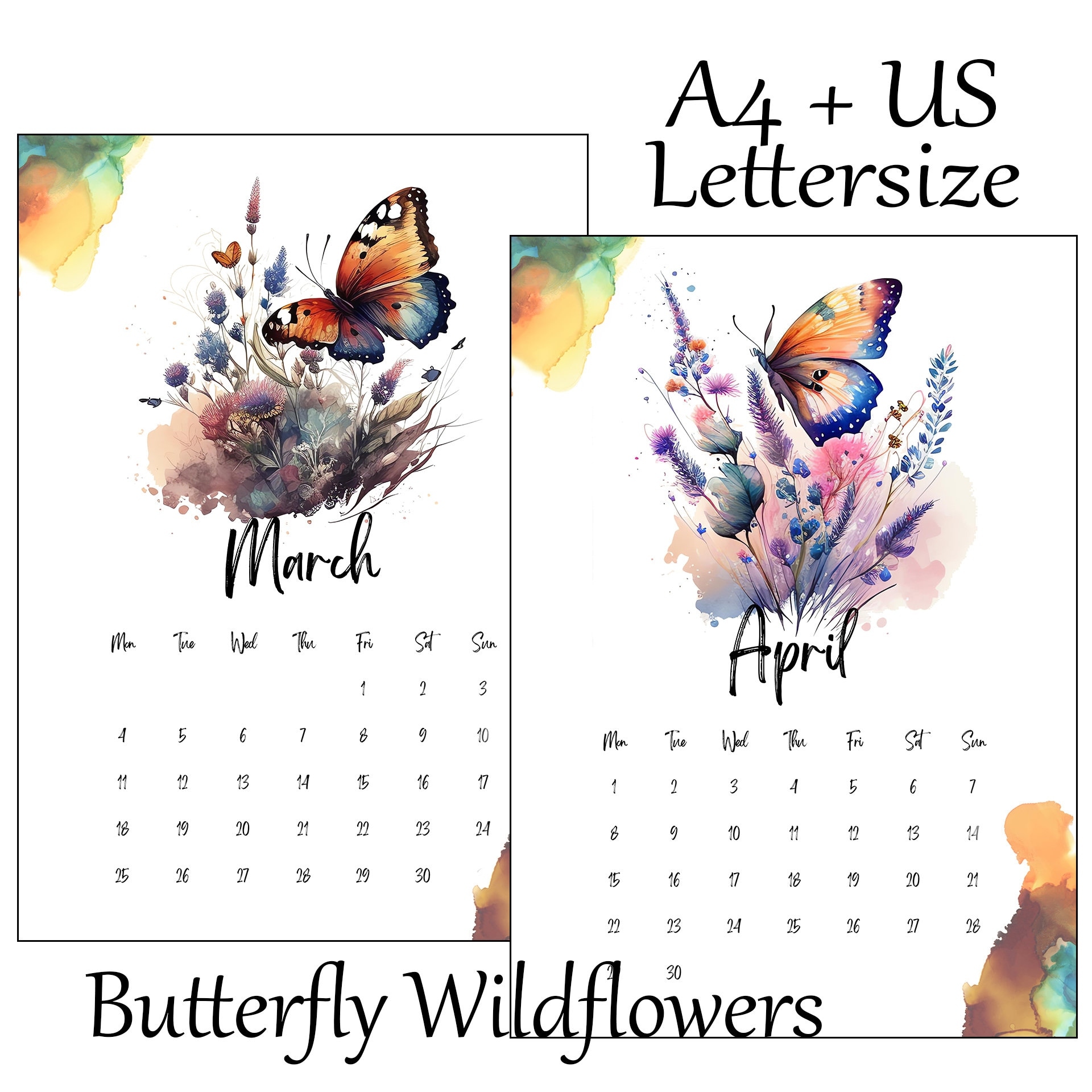 2024 Illustrated Watercolor Butterfly Wildflowers Calendar within Free Printable Butterfly Calendar 2024