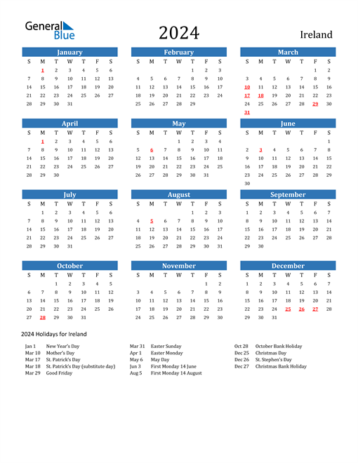 2024 Ireland Calendar With Holidays - Free Printable 2024 Calendar With Holidays Ireland
