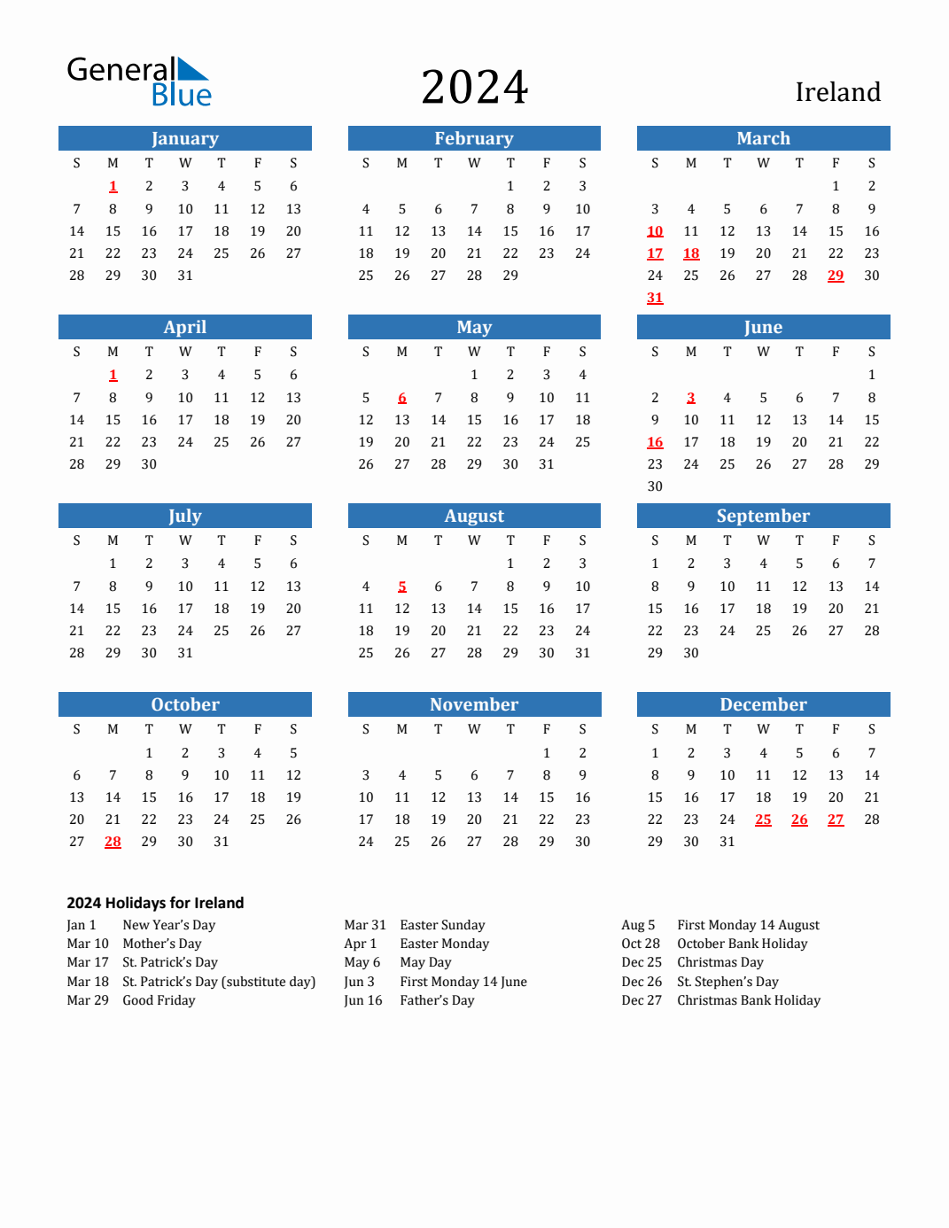2024 Ireland Calendar With Holidays within Free Printable Calendar 2024 Ireland