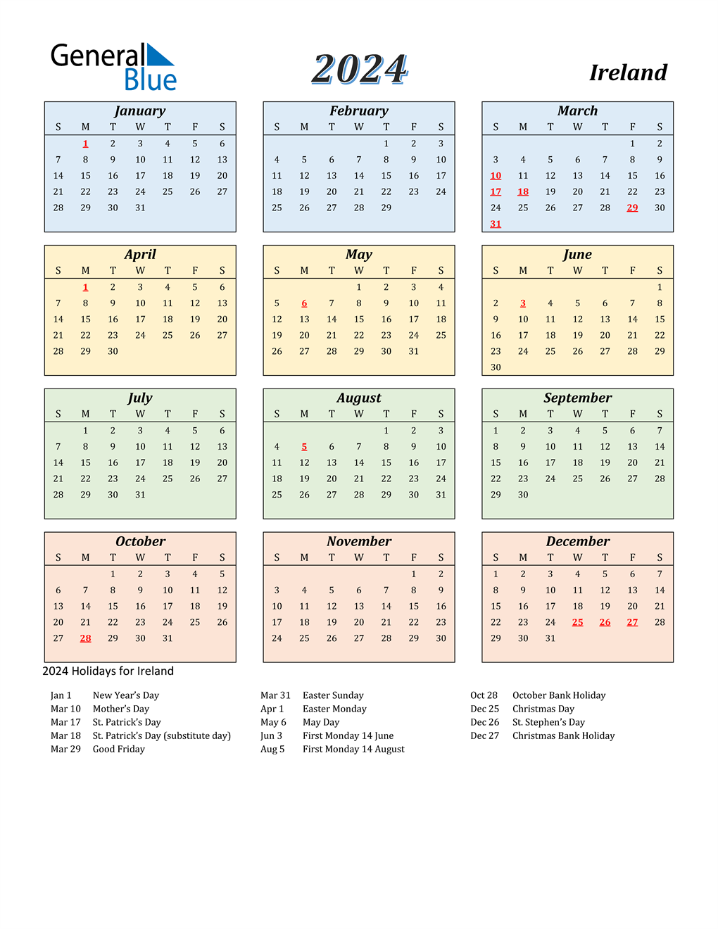 2024 Ireland Calendar With Holidays | Free Printable 2024 Calendar With Holidays Ireland