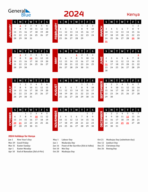 2024 Kenya Calendar With Holidays - Free Printable 2024 Calendar With Holidays Kenya