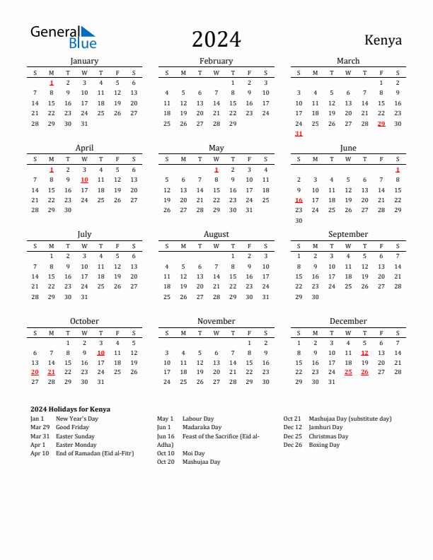 2024 Kenya Calendar With Holidays